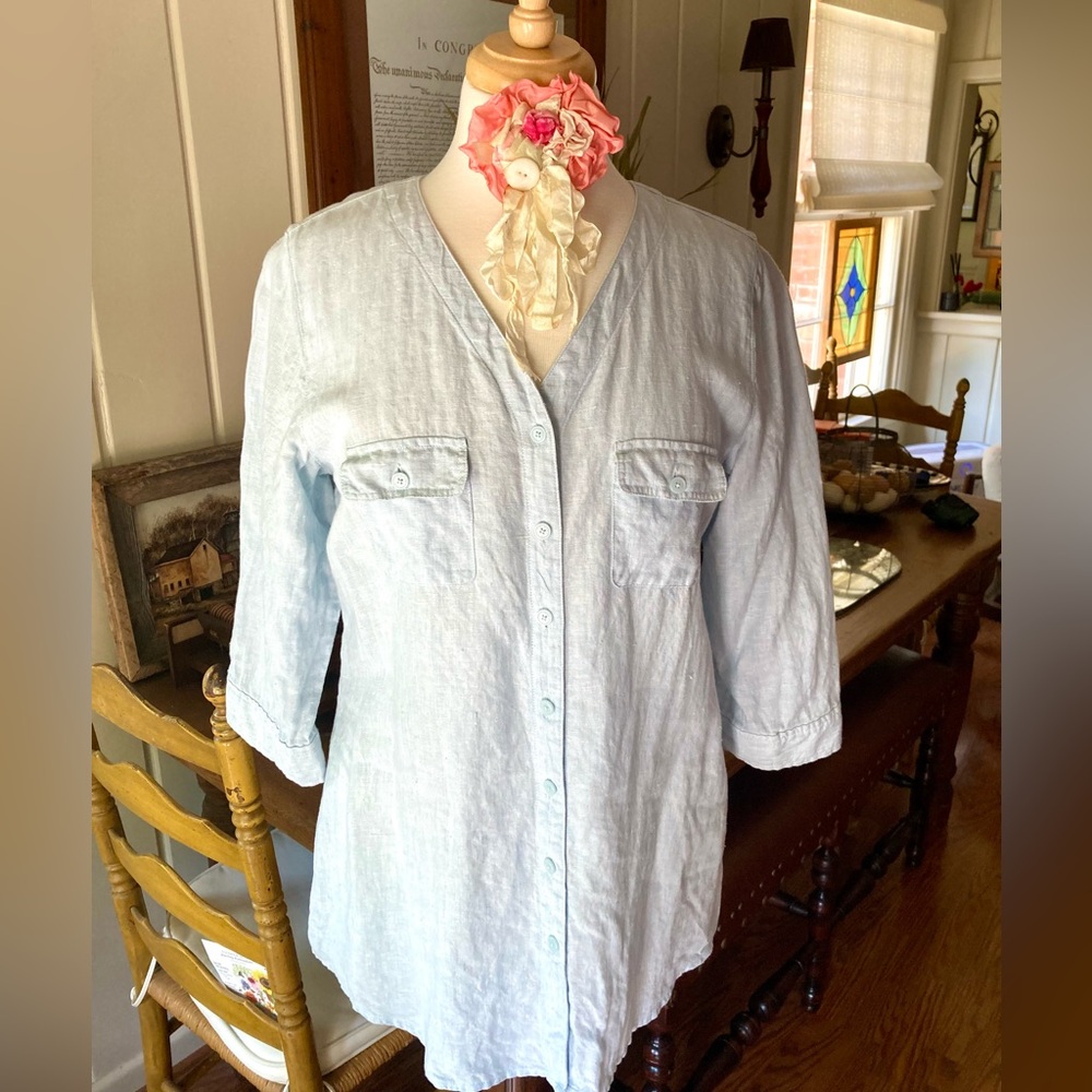 Orvis Light Blue Linen V-Neck Tunic Medium